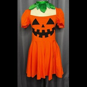 Trickz N Treatz Dolls Kill ‘HAPPY PUMPKIN’ Orange Mini Dress Leaf Collar XL NWT